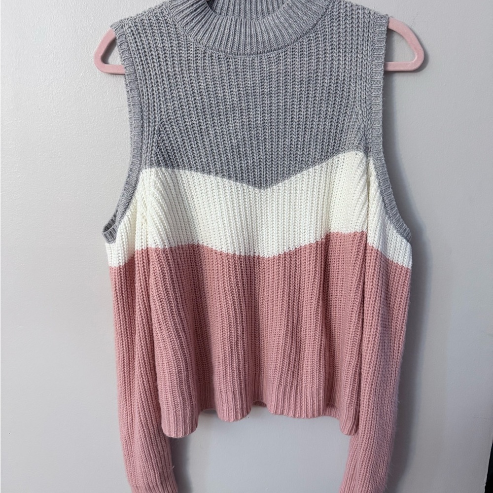 Almost Famous Colorblock Sweater - Gray, Cream, and Pink cold shoulder size L